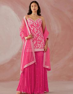 Pink Sharara style Suit Faux Georgette Pink Sharara, Plazzo Suits, Georgette Tops, Sharara Suit, Salwar Kamiz, Designer Salwar Suits, Sharara Set, Salwar Kameez Designs, Pakistani Suits