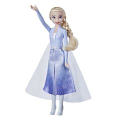 a frozen princess doll with long blonde hair wearing a blue dress and white shoes, holding her hand up in the air