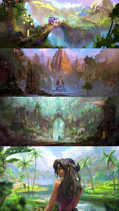 Environment sketches / paintings Tropical Kingdom, Kingdom Concept Art, Reference Background, Explosion Drawing, Anime Purple Hair, Landscape Concept, Creative Artwork, Fantasy Art Landscapes, Visual Development