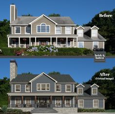 the before and after pictures of a house with porches on each side, windows in the