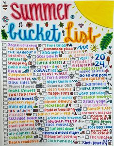 a summer bucket list with lots of colorful writing on the front and back cover, in bright colors