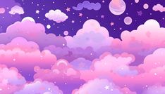 the sky is filled with clouds, stars and moon in purple hues that are falling to the ground