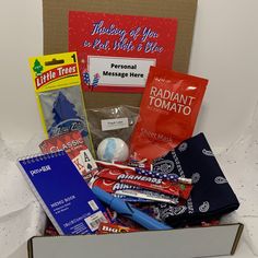 a box filled with candy and personal care items