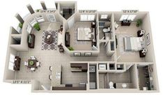 the floor plan for a two bedroom apartment with an attached kitchen and living room area