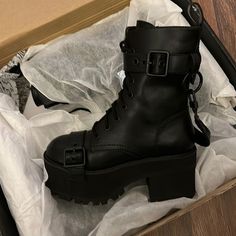 Total Madhouse Platform Boots Black Size 5 Nwt Sold Out Online Platform Boots Black, Goth Rave, Platform Combat Boots, Patent Leather Boots, Black Platform Boots, Buckle Boots, Black Boots Women, Current Mood, Moto Boots