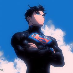 a man in a superman suit standing with his arms crossed and looking at the sky