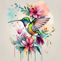 a painting of a hummingbird with flowers and paint splatters on it's wings