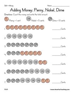 worksheet for adding money penny and dimes