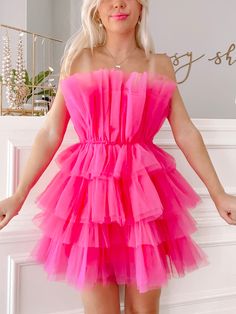 The Too Good To Be Tulle Organza Dress from Sassy Shortcake is a hot pink strapless tiered ruffle dress. She is lined, has a hidden side zipper, and the soft tulle is super comfy - no itch! Also available in baby blue. fits true to size, model wearing a size small Pink Hoco Dress Short, 30th Outfit, Hot Pink Hoco Dress, Hoco Dress Short, Pink Hoco Dress, Pink Hoco Dresses, Sassy Shortcake, Babydoll Dresses