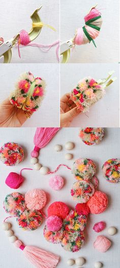 several pictures of different items that are being made with yarn and pom poms