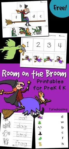 room on the broom printables for prek 4 - 6 with pictures and words