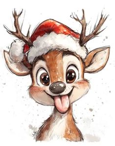 a drawing of a deer wearing a santa hat