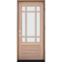 a wooden door with glass panels on the front and side panel, isolated against a white background