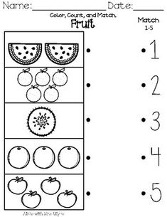 the printable worksheet for numbers 1 - 5 with fruits and vegetables on it