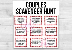 couples scavenger hunt printable sign with red and black border on wood background