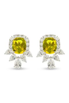 Rhodium plated geometric shaped studs with yellow crystal embellishment. - Aza Fashions Yellow Diamond Earrings With Gemstone, Yellow Diamond Drop Earrings, Yellow Earrings With 17 Jewels For Formal Occasions, Yellow Gemstone Earrings For Wedding, Formal Yellow Earrings With 17 Jewels, Modern Yellow Diamond Jewelry, Yellow Earrings With Diamond Accents In Fine Jewelry Style, Fine Jewelry Yellow Earrings With Diamond Accents, Yellow Diamond Accent Earrings In Fine Jewelry Style