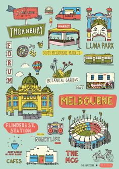 an illustrated map of melbourne, australia with all the attractions and things to see on it