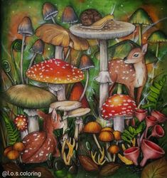 a painting of mushrooms and deers in the woods