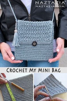 the crochet mini bag is made with yarn