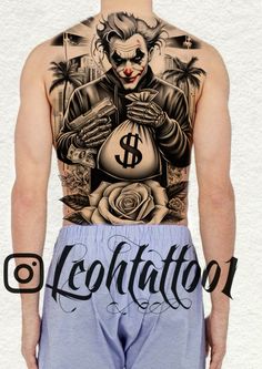 the back of a man's shirt with tattoos on his body and money bag