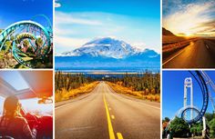 four different pictures with the sun going down and mountains in the background, including an empty road