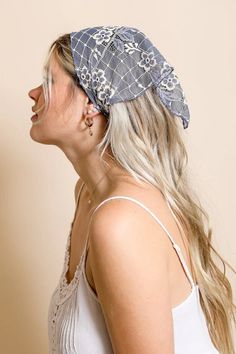 Style your hair with a scarf - wear this silky scarf as a headband or bandanna - Fun and Chic! ♡ ♡ ♡ These bandanas are designed to add a touch of elegance and romance to any outfit, making them a perfect accessory for customers who appreciate a bohemian, cottage core aesthetic. Our Bohemian Floral Lace Headscarves are crafted from soft floral lace material, ensuring a comfortable and lightweight feel when worn. The delicate lace patterns create a stunning visual appeal, giving each bandana a tr Lace Head Scarf, Lace Headscarf, Triangle Head, Embroidered Scarf, Flower Scarf, Bandana Hairstyles, Boho Accessories, Lace Hair, Blue Peach