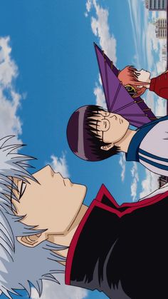 two anime characters one with an umbrella and the other looking at something in the sky