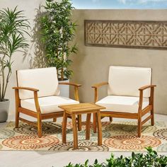 two wooden chairs sitting on top of a rug next to a table and potted plant