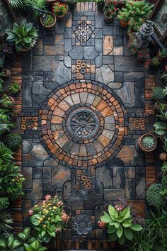 an overhead view of a small garden with plants