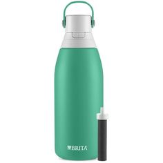 thermos water bottle with lid and handle is shown in green, white and black