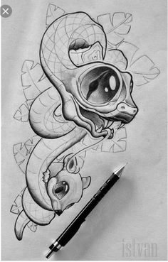 a pencil drawing of a snake with an eyeball in it's mouth and the word