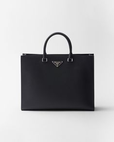 Black Saffiano Leather Tote Bag | PRADA Prada Briefcase, Prada Black Bag, Prada Purse Farfetch, Prada Black Leather Shoulder Bag, Prada Nylon Tote Bag, Triangle Logo, Tote Bag Leather, Leather Tote Bag, High Quality Leather