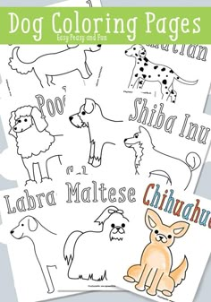 dog coloring pages for children with the words, dogs and their names in black and white