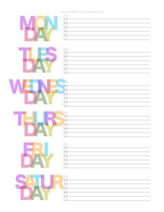 a list with the words monday, wednesday and friday written in multicolored letters