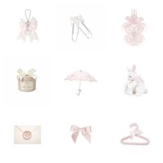 a bunch of items that are sitting on a table with pink ribbons and bows around them