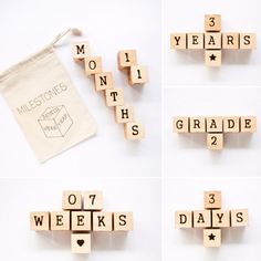 four different views of wooden scrabbles spelling out words