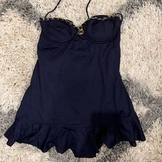 New With Tags And Never Worn Devon Aoki School Uniform, Juicy Couture Bathing Suit, Elegant Blue One-piece Tankini, Elegant Blue Tankini With Lined Body, Chic Blue Tankini For Swimming, Chic Blue Tankini For Pool, Chic Party Tankini, Chic Blue Swimwear With Built-in Bra, Chic Lined Tankini