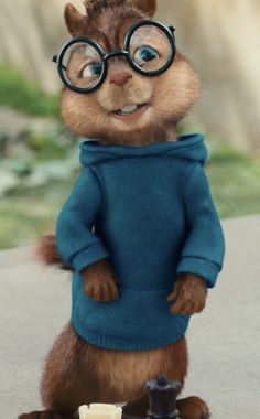 a cartoon squirrel wearing glasses on top of a skateboard