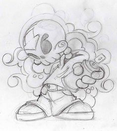 a pencil drawing of a cartoon character holding onto a pair of shoes with bubbles coming out of it