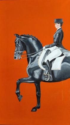 a painting of a man riding on the back of a black horse with an orange background