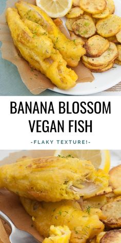 banana blossom vegan fish on a plate with lemon wedges