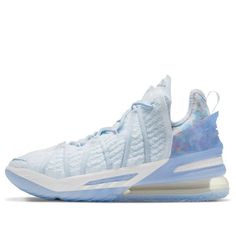 The Nike LeBron 18 Blue Tint ‘Play for the Future’ takes inspiration from the clean air that all athletes need to sustain their on-court feats. The delicate Blue Tint finish showcases knitted construction and rope laces that are fed into channels built into the knit for a locked-in fit. Enhanced stability and support is provided with a molded TPU heel counter, while a visible Max Air unit houses the back half of a full-length Zoom Air unit extending to the forefoot. (SNKR/Men's/Low Top/All Star/ Lebron 1, Zapatillas Nike Basketball, Nike Volleyball Shoes, Bb Shoes, Volleyball Sneakers, Best Volleyball Shoes, Nike Volleyball, Blue Basketball Shoes, Nike Basketball Shoes