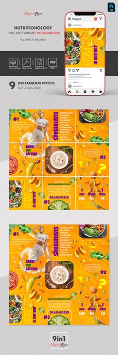 an orange and yellow brochure with food items on the front, side and back