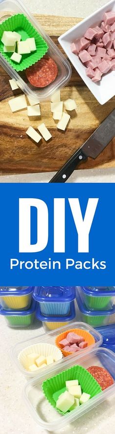 several plastic containers filled with food on top of a wooden cutting board and the words diy protein packs