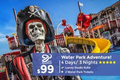 a water park with a skeleton statue and slides for $ 99 per hour at the waterside