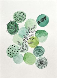 a painting with green and blue circles on it, in the middle of watercolor