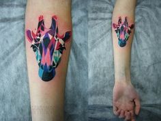 colorful giraffe tattoo on both forearms