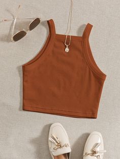 Brown Casual   Polyester Plain Cami Embellished Slight Stretch Summer Women Tops, Blouses & Tee Cute Clothes Shein, Preppy Tank Tops, Fashion Crop Tops, Stylish Kurtis Design, Crocs Fashion, New Style Tops, Spaghetti Top, Office Wear Women, Trendy Fashion Tops