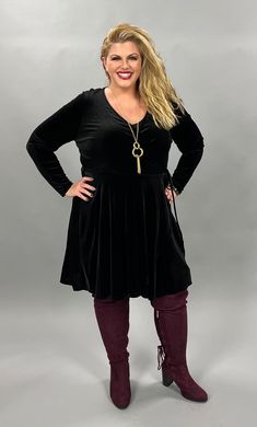 Sls-F Black Velvet Long Sleeve With Waist Tie V-Cut Detail Sale!! Sls Long Sleeve Velvet Dress, V Cut, V Cuts, Flash Sale, Dress Details, Waist Tie, Black Velvet, Plus Size Fashion, Plus Size Outfits