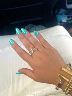 Teal Aesthetic Nails, Mexico Cruise Nails, Megan Moroney Nails, Almond Nails Turquoise, French Tip With Color, Green And Blue Nails Designs, Turquoise Chrome Nails, Teal Chrome Nails, Chrome Almond Nails